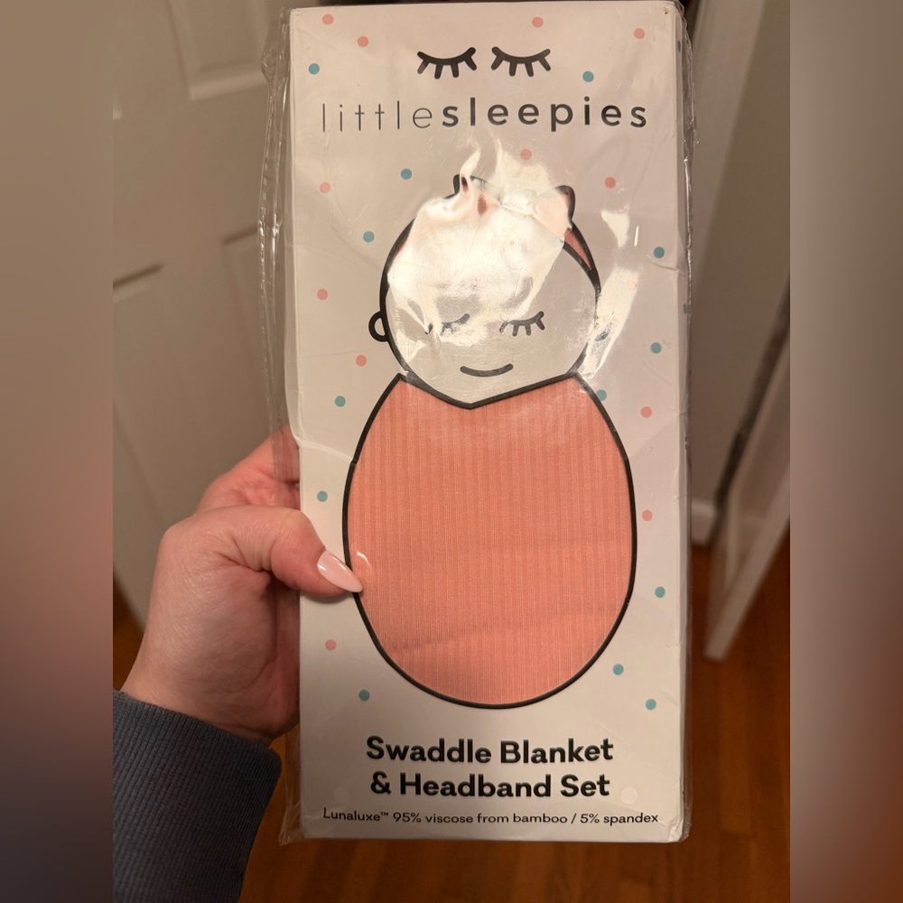 NIB Little Sleepies Swaddle Blanket & Headband Set - Bubblegum pink